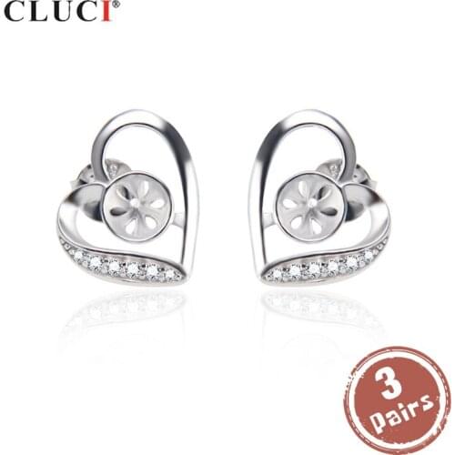 CLUCI 3 pair 925 Sterling Silver Earrings for Women Silver 925 Pearl Mounting Zircon Heart Earrings for Engagement SE056SB