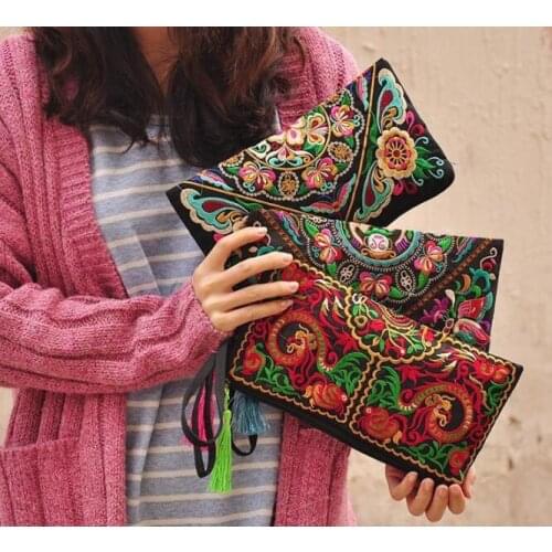 Women National Retro Butterfly Flower Bags Embroidered Purse Phone Coin Wallet Tassel Casual Vintage Handbag Small Flap Summer