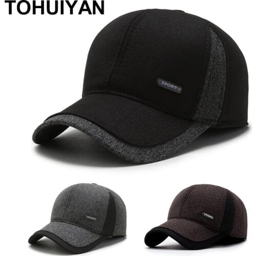 TOHUIYAN Classic Woolen Baseball Caps Men Warm Hat Autumn Winter Earflaps Cap Outdoor Windproof Dad Hats Male Casquette Snapback