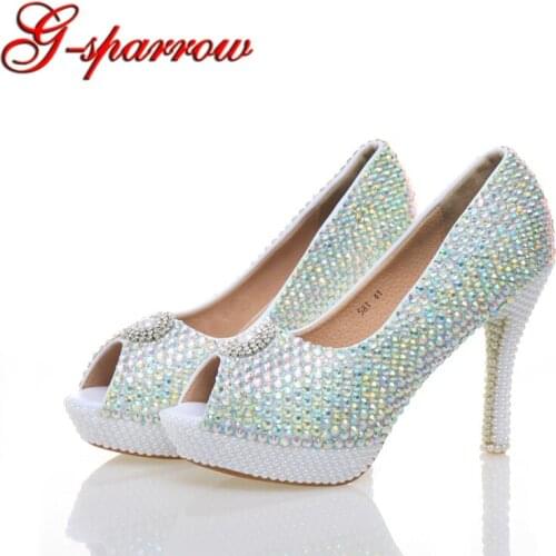 2018 Peep Toe Rhinestone Nightclub High Heel Shoes Bride Wedding Platform Shoes AB Crystal Formal Dress Party Shoes Customized