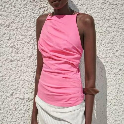 Women Pink Halter Collar Camis Top Spaghetti Strap Sleeveless Backless Slim Blouses Female Chic Tops CD8114