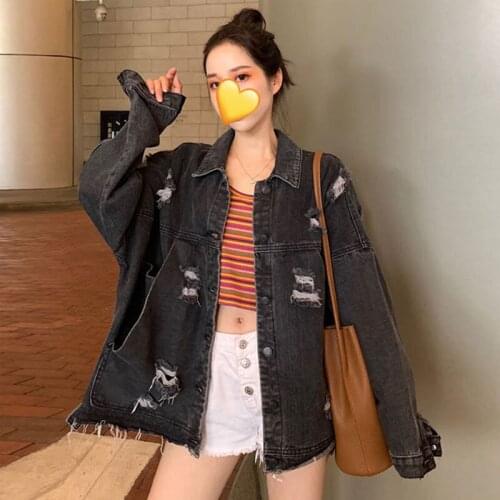 2021 New Large size Solid color Single-breasted Womens Denim Jacket Women Jacket Spring Autumn Fashion Hole Denim Jacket JK172