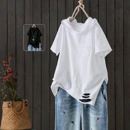 100% Cotton Hooded Women T-Shirts Solid Loose Pocket Short-Sleeved Loose Hole Female Pulls Tops Tees Oversized 4XL