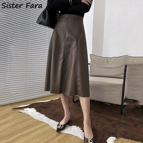 Sister Fara 2021 Autumn Winter Womens Faux Pu Leather Skirt Leather Skirt Female High Waist All-match Leather Midi Long Skirt