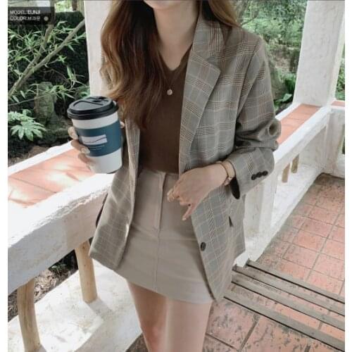 New suits Female Vintage Autumn Office Ladies Notched Collar Plaid Women Blazer Breasted Jacket Casual Pockets Female Suits Coat