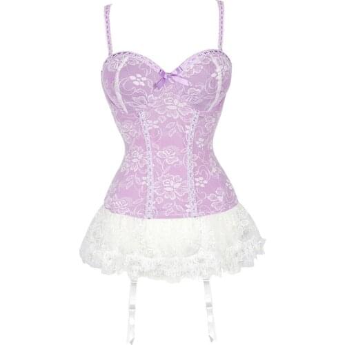 Womens Charming Mesh Floral Lace Spaghetti Straps Boned Elastic Chemise Bustier Waist Cincher Corset Bra Top Lingerie Dress