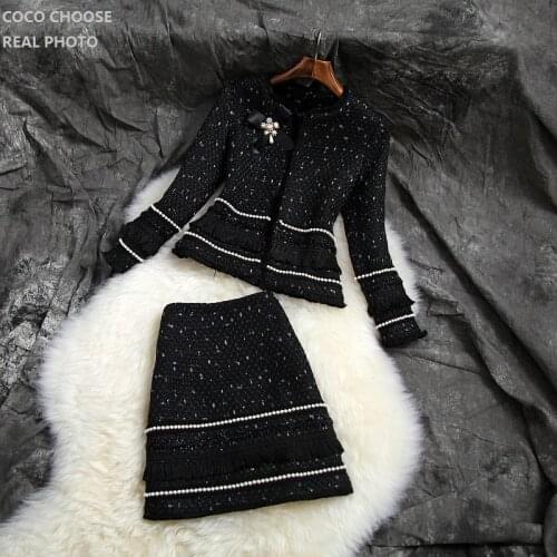 Women pearls beading tweed jacket round neck formal office skirts suits elegant black white fringe two piece outfits 2019 winter