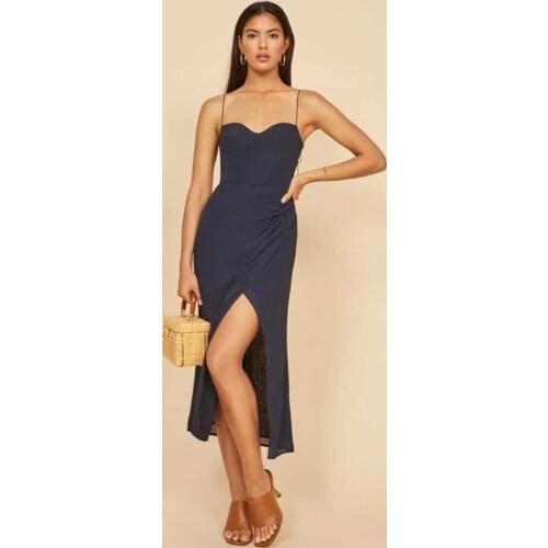 Yinlinhe Braces Tied Long Dress Women Backless Summer Dress Elastic High Waist Vintage Dresses Split Asymmetry French Style 2066