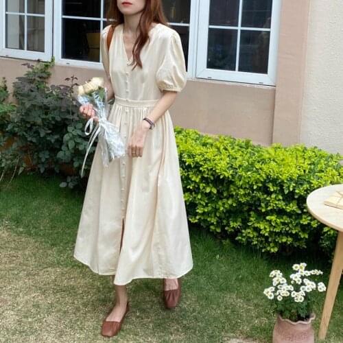 Women Summer Sweet Elegant V Neck Long Shirt Dress High Waistline Puff Sleeve Midi Sundress Solid Color