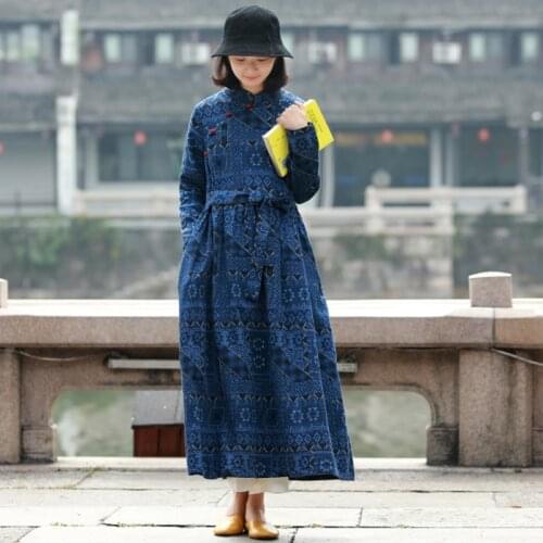 Johnature 2020 New Cotton Linen Loose Comfortable Stand Pockets Floral Print Dress Autumn Fashion Plate Buckle Women Dresses