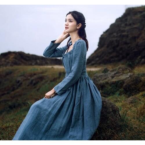 Cottage Style French Women Elegant Retro Court Long Sleeve Square Neck Pure Linen High Waist Mori Girl Autumn Dress Vestido
