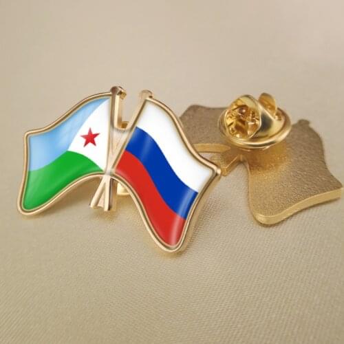 Djibouti and Russian Federation Crossed Double Friendship Flags Lapel Pins Brooch Badges