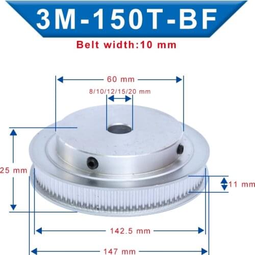 3M-150T Pulley BF shape Bore Size 8/10/12/15/20 mm Slot Width 11mm pulley wheel Aluminum Material For Width 10mm 3M-Timing Belt