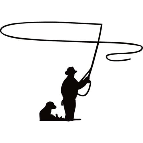 40732#Die-Cut Vinyl Decal Trout Fly Fisherman with Dog Fishing Car Sticker Waterproof Auto Decors on Car Body Bumper Rear Window