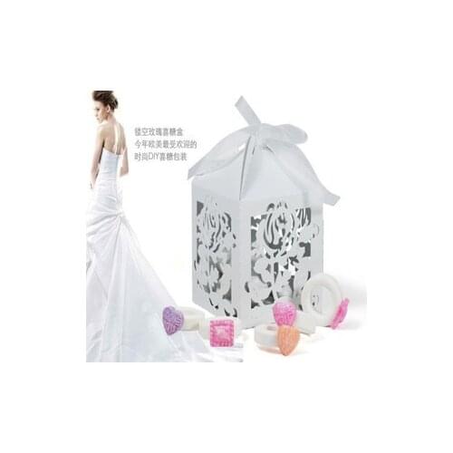 Free Shipping 6*6*8cm 12pcs White rose flower Laser Cut Candy Gift Boxes With Ribbon Wedding Party Favor Creative Favor Bag