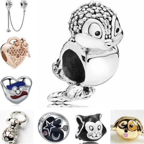 Btuamb Luxurious Crystal Cute Animal Owl Rabbit Cat Dog Beads Fit Pandora Bracelets & Bangles Women DIY Jewelry Accessories Gift