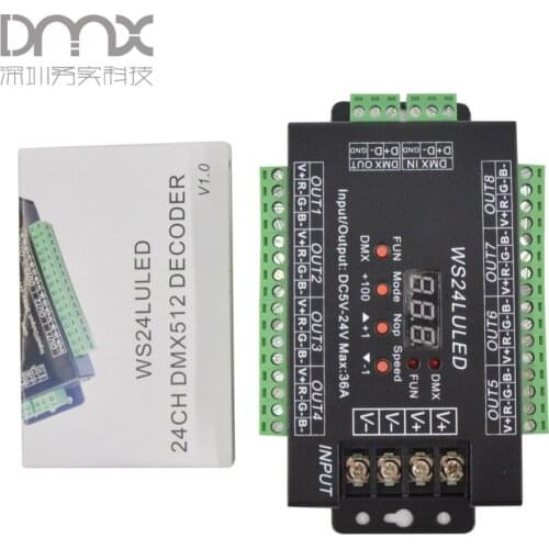 Fast shipping 3pcs 24CH dmx512 Controller, decoder,WS24LULED 24 channel 8groups RGB output,DC5V-24V for LED strip light module