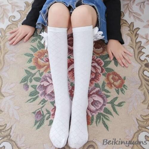 Girls Spring and Autumn Summer Cotton Grid Bows Stockings Childrens Diamond Mesh Straight Bows Stockings