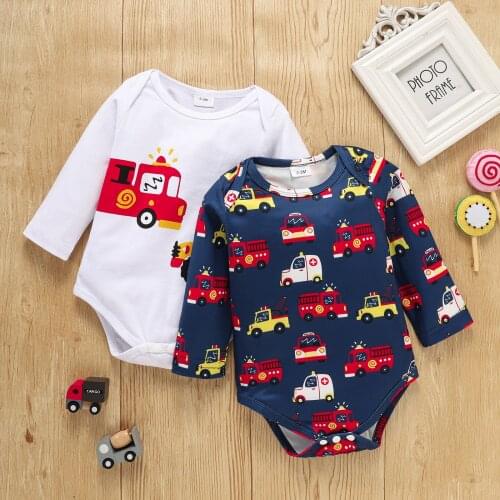 0-24 Months Babies Casual Romper, Cartoon Car Printed Pattern Long Sleeve Round Collar 1-piece, Navy/ White