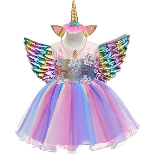 New Baby Girls Unicorn Tutu Dress Rainbow Princess Girls Birthday Party Dress Children Kids Halloween Unicorn Perform Costume