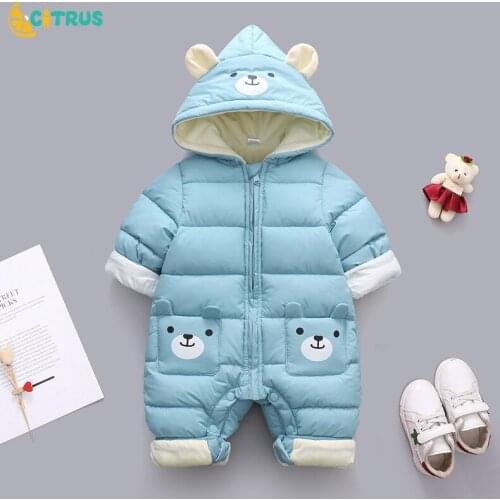 CITRUS Winter Baby Jumpsuit Cartoon Bear Plus Velvet Warm Newborn Rompers Baby Girls Outfit Toddler Boys Hooded Snowsuit