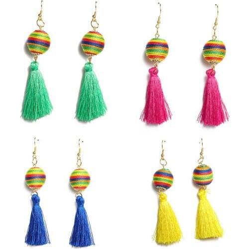 Colorful Rainbow Strings Plaited Ball Green Red Blue Yellow Thread Tassel Drop Earrings Women Dangle Earrings
