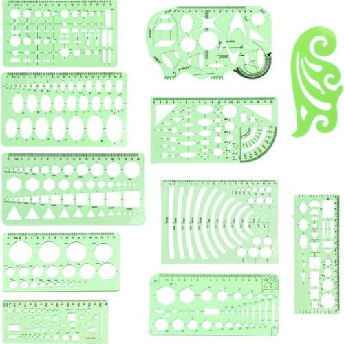 LMDZ 11Pcs Geometric Drawings Templates Measuring Rulers Plastic Measuring Templates for Office and School Drawings Drafting