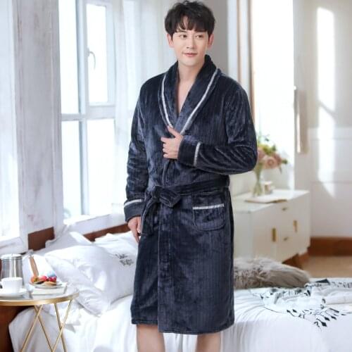 Men Casual Kimono Bathrobe Autumn Winter Flannel Long Robe Thicken Warm Soft Sleepwear Nightgown Male Casual Home Wear