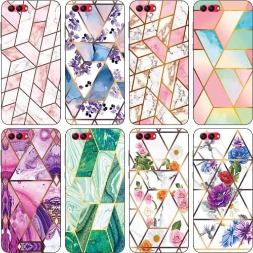 Soft Phone Case for Huawei Honor V10 view 10 Funda Glossy Colorful Flower Silicone Phone Back Cover Geometric Marble Shell