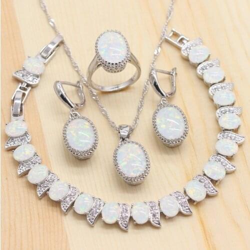 Round Women Sliver Jewelry Sets White Opal Necklace Pendant Earrings Wedding Rings Opal Bracelet Sets for Dance Party