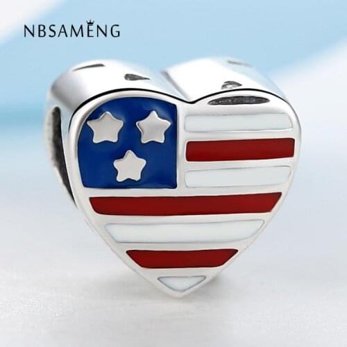 NBSAMENG 100% 925 Sterling Silver Bead Love USA Flag Heart Charm Beads With Glaze Fit Original Women Bracelets Jewelry