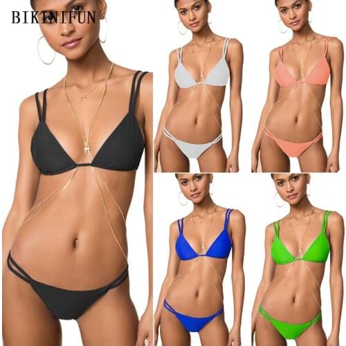 2020 New Solid Color Swimsuit Women Double Strap Swimwear Triangle Bralette Bathing Suit S-L Girl Low Waist Micro Bikini Set