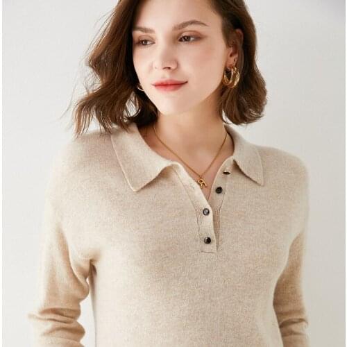 New POLO Collar Cashmere sweater womens turndown collar pullover 100% pure wool casual knitted warm long-sleeved Sweater Female