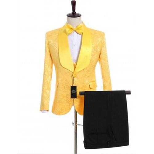 New Arrival One Button Yellow Embossing Groom Tuxedos Groomsmen Shawl Lapel Mens Suits Blazers (Jacket+Pants+Vest+Tie) W:1240