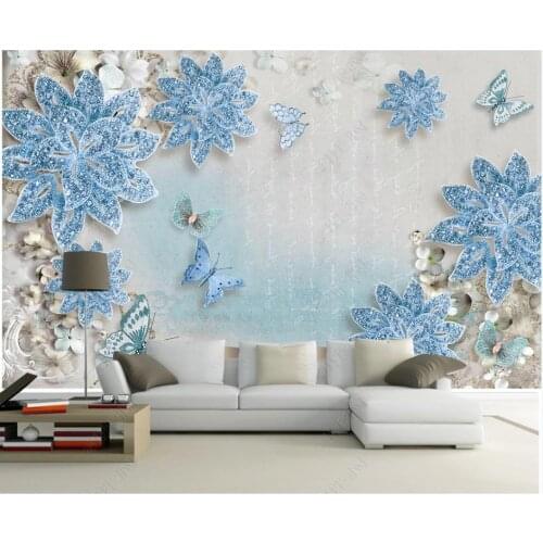 Custom photo wallpaper for walls 3 d mural Beautiful 3d stereo mediterranean blue flower butterfly jewelry background wall paper
