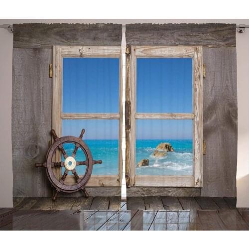Holiday Curtains Wooden Window with Seascape Ocean Curtains for Bedroom Home Window Treatments Curtains for Living Room