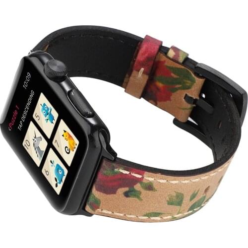 Genuine Leather Strap for Apple Watch iWatch 6 SE 5 4 3 2 1 Band 44mm 40mm 42mm 38mm Vintage Flower Printed Bracelet Watchband