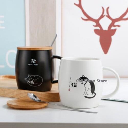 Ins Water Cup with Lid and Spoon 400-500ml Microwavable Cup Cartoon Animal Ceramic Cup Cute Girl Mug Couple Cup Breakfast Cup