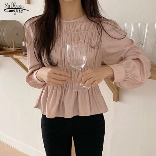 2021 Office Lady Puff Long Sleeve Elegant Pleated O Neck Blouse Women Autumn Long-Sleeve Chiffon Shirt Women Female Tops 11020