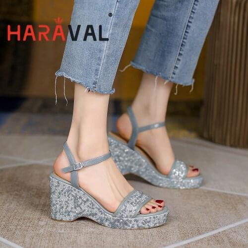 HARAVAL Women Sandals Shoes Wedges Height Increasing High Heels Buckle Strap Concise Black Shoes Women Black Buckle Shoe B277