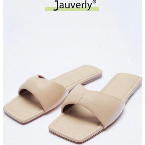 2021 Summer New ZA Womens Slippers Fashion Square Toe Shoes Woman Soft Leather Comfortable Outdoor Flat Beach Slippers
