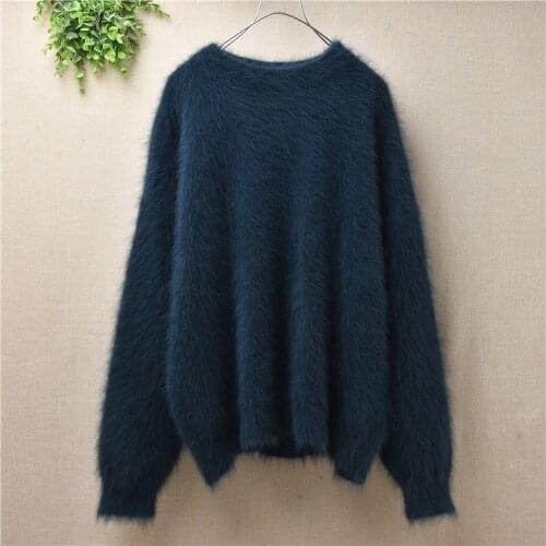 Ladies women fashion hairy mink cashmere knitted o-neck long sleeved loose pullover angora rabbit fur winter jumper sweater tops