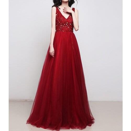 Burgundy Luxury Cocktail Dresses Beading Long 2021 Sexy Deep V-Neck A-Line Tulle Sleeveless Backless Evening Gowns Vestido De