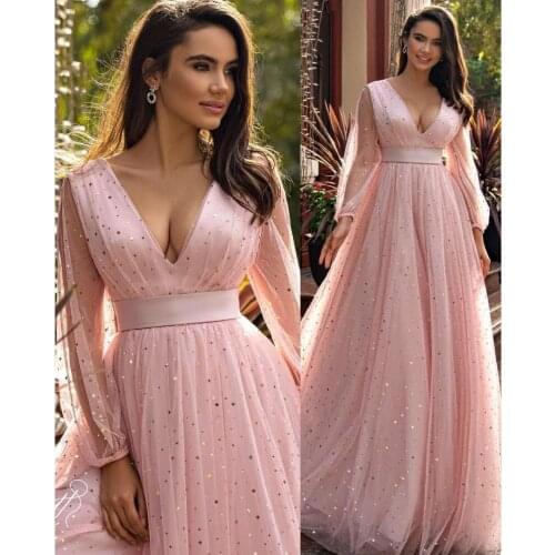 Thinyfull Elegant Sart Tulle Brush Pink Prom Dresses Long Sleeve V Neck Sexy Evening Gowns Women Couture V Neck Emprie Abendklei
