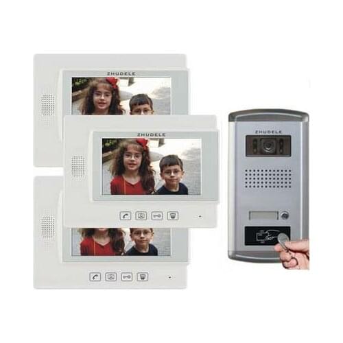 ZHUDELE 7"Video Door Phone Intercom System control Access Doorbell FRID Panel Camera w/t Waterproof Cover 1camera+3monitor