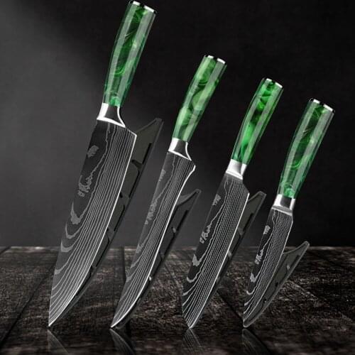 SNOWY 1- 4PCS Chef knife Kitchen Knives Laser Damascus Pattern Sharp Japanese Santoku Knife Cleaver Slicing Utility Knife