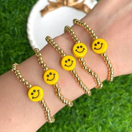 10Pcs,Gold plated copper beads bracelet Yellow Smile Face Double Faced Beads Handmade bracelet 2021 Fashion jewelry