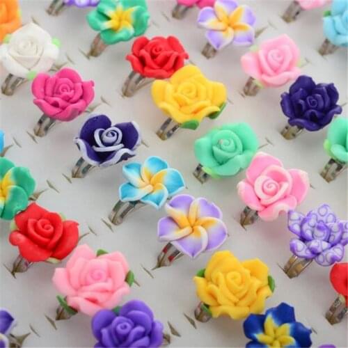 10Pcs /Lots Wholesale Mixed Colors Polymer Clay Flower Finger Rings For Kids Flower Adjustable Wedding Rings For Children Gift