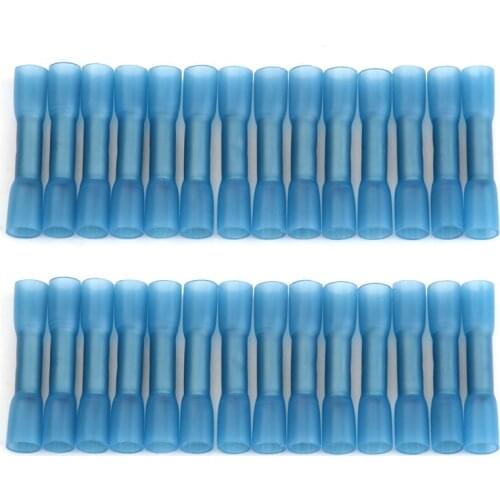 100PCS Insulated Waterproof Heat Shrink Crimp Terminals Electrical Wire Butt Connector Seal Splices Connector 16-14 AWG Blue