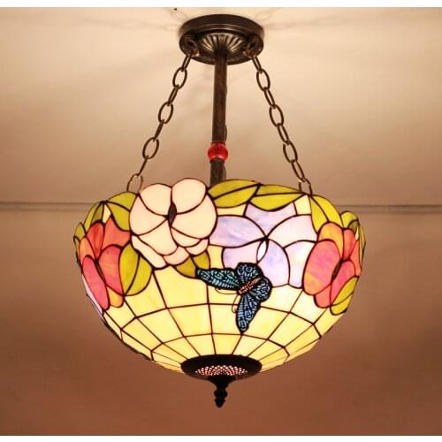 12 Inch Flesh Country Flowers butterfly Tiffany pendant light Stained Glass Lamp for Bedroom E27 110-240V